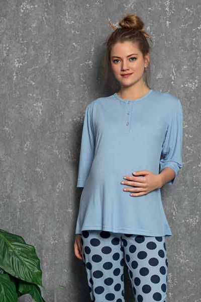 Ses Moda Butik Set pijamale de maternitate 2 piese Ednz-1139 de culoare albastră și buline