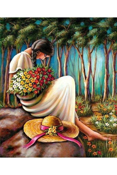 Marcel Kristal Tablo Girl Sitting with Flowers in Her Lap Marcel Art Diamond Mosaic Painting 51x61cm