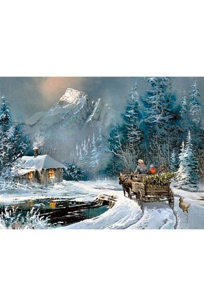 Marcel Kristal Tablo Horse Carriage on the Snowy Road Marcel Art Diamond Mosaic Painting 69x51cm