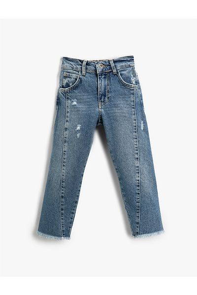 Koton Pieced High Waist Destroyed Straight Leg Jeans Cotton