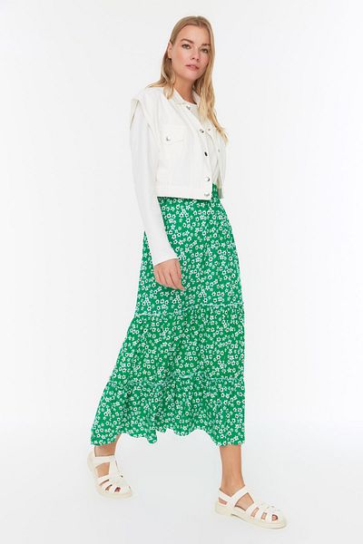 Trendyol Modest Zöld virágmintás szövött szoknya TCTSS22EE00000