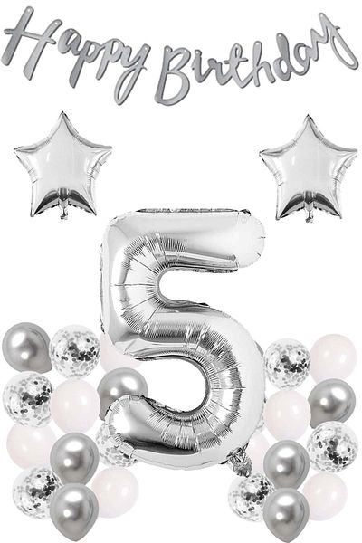 Patladı Gitti Silver Colored White Confetti Celebration Set for 5 Year Old Birthday - Balloon Figure, Star Foil and Banner
