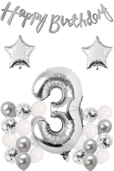 Patladı Gitti Silver Concept 3 Years Old Birthday Celebration Set White Silver Confetti Balloon Figure Star Foil and Banner