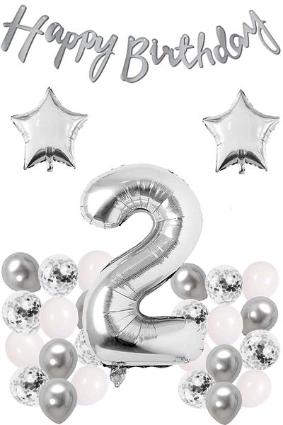 Patladı Gitti Silver Concept 2 Years Old Birthday Celebration Set White Silver Confetti Balloon Figure Star Foil and Banner