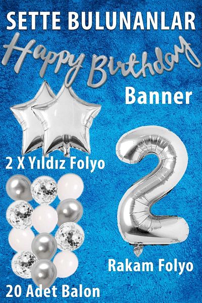 Patladı Gitti Silver Concept 2 Years Old Birthday Celebration Set White Silver Confetti Balloon Figure Star Foil and Banner