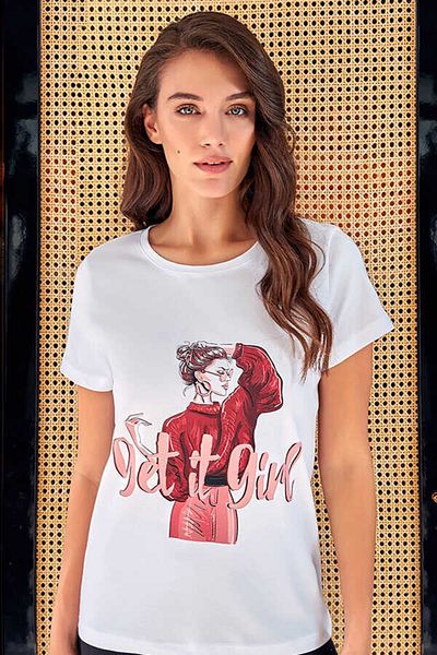 Berrak Tricou alb cu mânecă scurtă imprimat pentru femei 8117