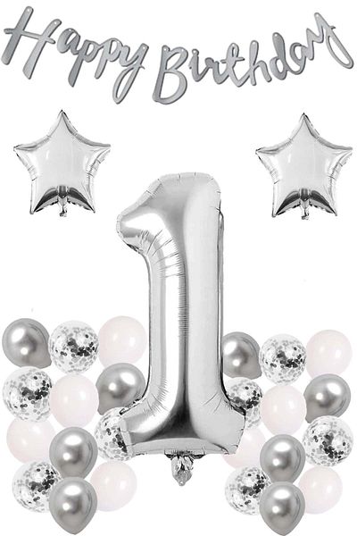 Patladı Gitti Silver Concept 1 Year Birthday Celebration Set White Silver Confetti Balloon Figure Star Foil and Banner