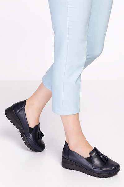 Gondol Women's Genuine Leather Anatomical Sole Wedge Heeled Casual Shoes Pyt.6204 - Navy Blue - 37