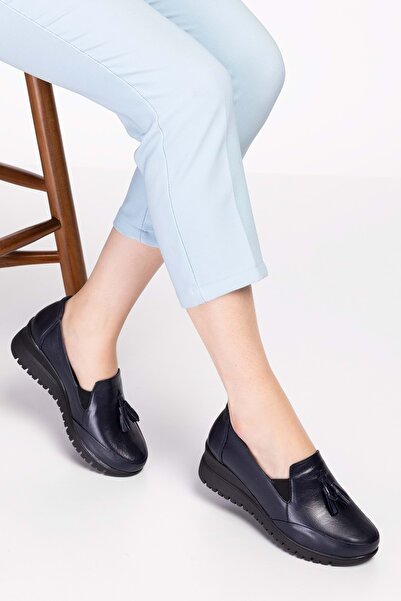 Gondol Kadın Hakiki Deri Anatomik Taban Dolgu Topuklu Günlük Ayakkabı Pyt.6204 - Lacivert - 37