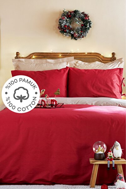 Karaca Home Basic Red 100% Cotton Stone Double Sided Double Duvet Cover Set
