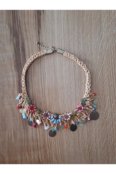 Hippybutik Kemik Tığişi Iğneoyalı Doğal Taşlı Tasarım Kolye