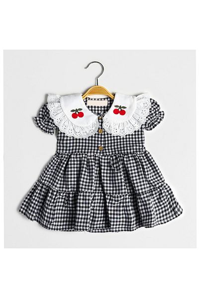Şirin Şeyler Butiği Piti Cherry Short Sleeve Girl's Checked Scallop Embroidered Cotton Black Cherry Dress Cherry Dress