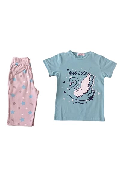 Newteam Patterned Short Sleeve Girl's Pajama Set - Capri Pants