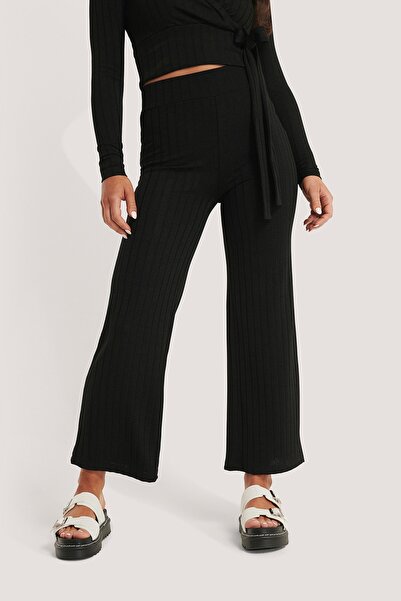 NA-KD High Waist Ribbed Pants-Black
