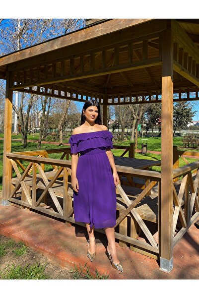 Bersi Butik Carmen Yaka Şifon Mor Elbise