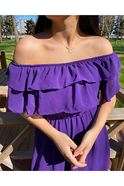 Bersi Butik Carmen Yaka Şifon Mor Elbise