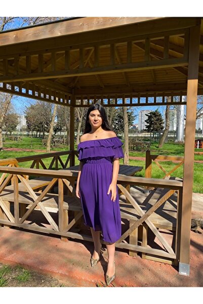Bersi Butik Carmen Yaka Şifon Mor Elbise