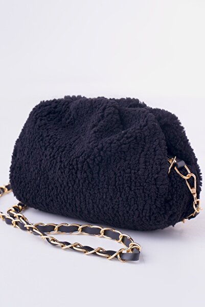 Moom Bag Geantă de pluș cu blană de oaie neagră pentru femei