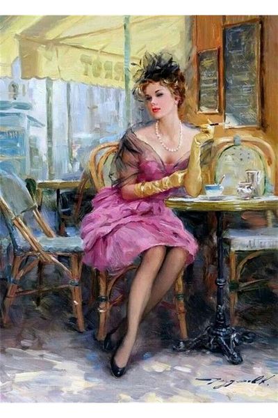 Marcel Kristal Tablo Retro Woman in Pink Dress Diamond Mosaic Painting 48X66Cm