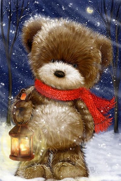 Marcel Kristal Tablo Christmas Teddy Bear in the Snow Diamond Mosaic Painting 40X60 cm