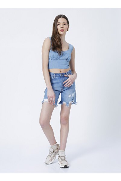 LİMON COMPANY Limon Samanta Normal Bel Standart Kalıp Yıkamalı Indigo Kadın Şort