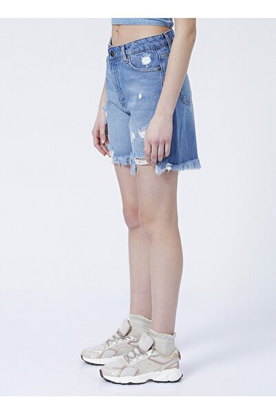 LİMON COMPANY Limon Samanta Normal Bel Standart Kalıp Yıkamalı Indigo Kadın Şort