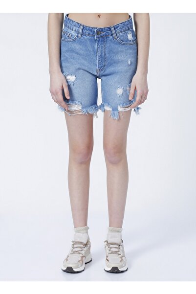 LİMON COMPANY Limon Samanta Normal Bel Standart Kalıp Yıkamalı Indigo Kadın Şort