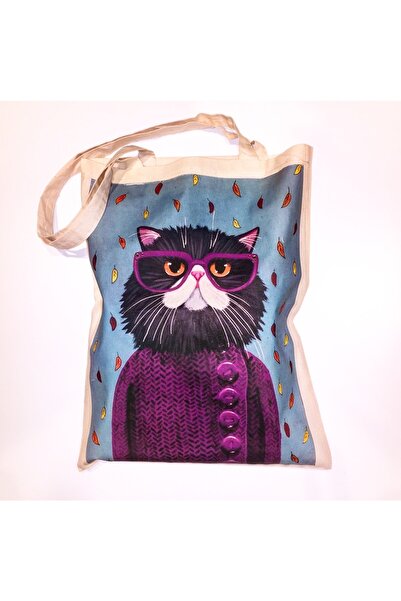 Bez Çanta Mor Hırka Ve Gözlüklü Kedi Baskılı Bej Renk 31x41 Cm