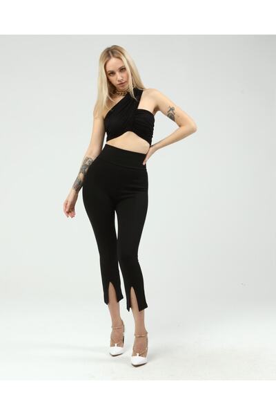 Grenj Fashion Colanți negri cu talie înaltă cu tăietură în față cu picior scurt