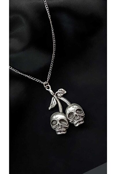 Köstebek Gothic Punk Gümüş Kaplama Kurukafa Kiraz Kolye