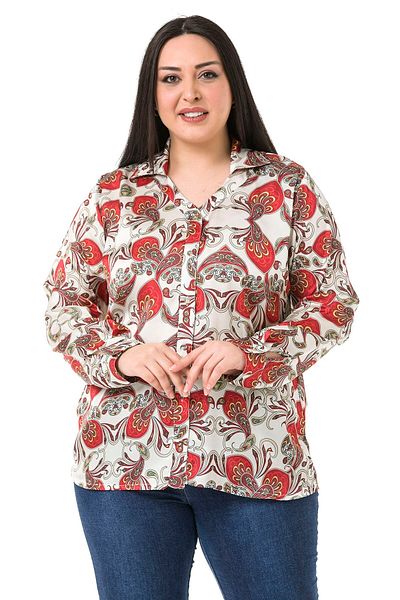 DISENTIS MODEST Large Size Collar Detailed Shawl Pattern Satin Red Women's Shirt