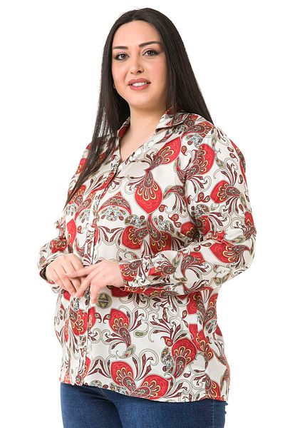 DISENTIS MODEST Large Size Collar Detailed Shawl Pattern Satin Red Women's Shirt