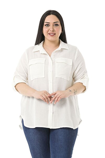 DISENTIS MODEST Plus Size White Muslin Shirt - Folded Sleeves, Flap Pockets, ...