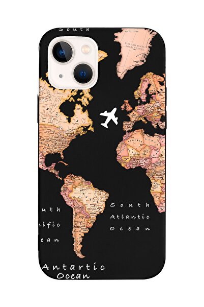 Spoyi Iphone 13 Transparan Harita Tasarımlı Siyah Premium Uyumlu Telefon Kılıfı