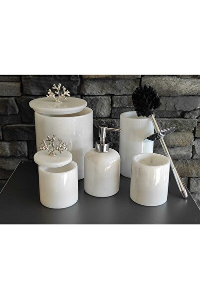 Polen Stone Beyaz Mermer Gümüş Renkli Mercan Aksesuarlı 5'li Banyo Seti