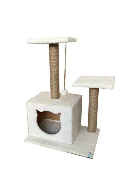 Nursoft Beyaz Stepli Yuvalı Kedi Evi Kedi Tırmalaması (KEDİ GÖRÜNÜMLÜ)