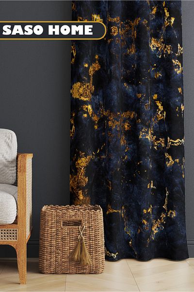 SasoHome Μπλε Navy - Γκρι μαρμάρινο μοτίβο Sodalite Ψηφιακή τυπωμένη κουρτίνα φόντου 140 X 270 cm (μονό φτερό)