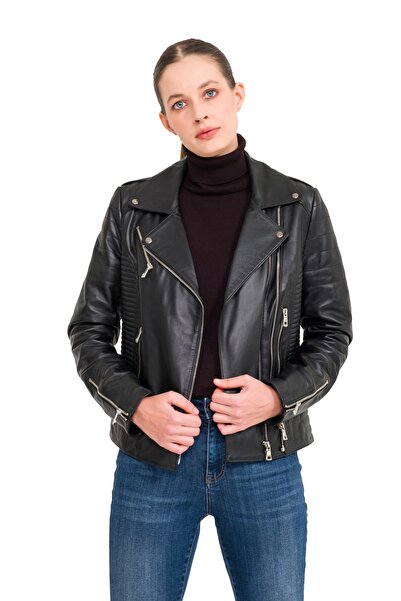 AtakGiyim Kadın Kısa Azuro Siyah Deri Mont