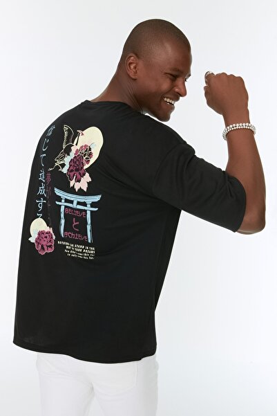 Trendyol Collection Bavlněné tričko s mystickým textem, černé oversize – TMNSS22TS0484