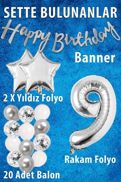 Patladı Gitti Silver Concept 9 Years Birthday Celebration Set White Silver Confetti Balloon Figure Star Foil and Banner