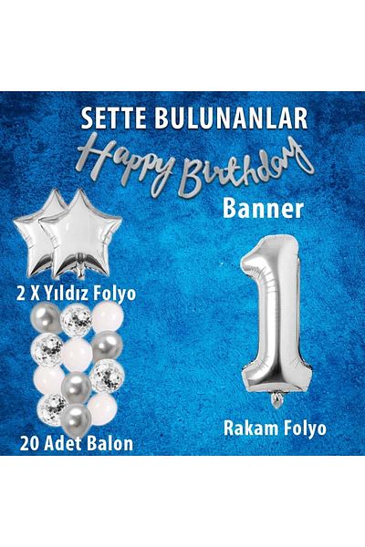 Patladı Gitti Silver Concept 1 Year Birthday Celebration Set White Silver Confetti Balloon Figure Star Foil and Banner
