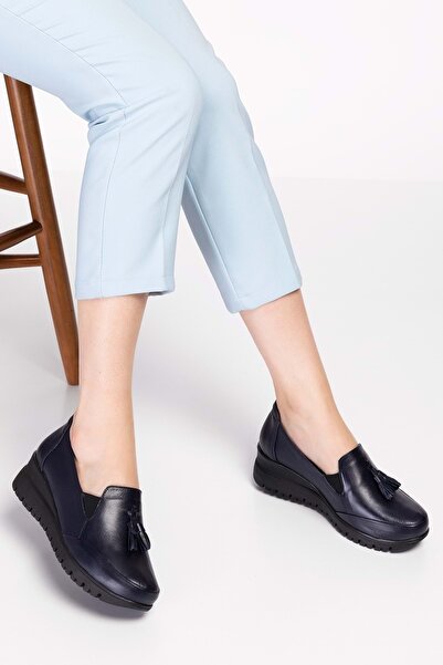 Gondol Kadın Hakiki Deri Anatomik Taban Dolgu Topuklu Günlük Ayakkabı Pyt.6204 - Lacivert - 37