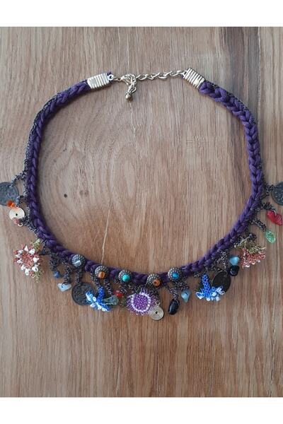 Hippybutik Mor Doğal Taşlı Iğne Oyalı Etnik Elişi Kolye