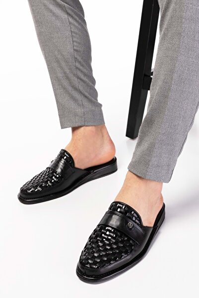 Gondol Erkek Hakiki Deri Örgü Desen Damat Ev Terliği Kayaş.102 - Siyah - 42