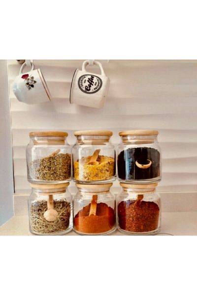 Karçiçeği Home 6-Piece Vacuum Lid and Spoon 500 ml Glass Jar Food Container and 111 Labels