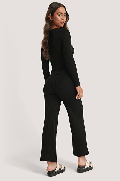 NA-KD High Waist Ribbed Pants-Black