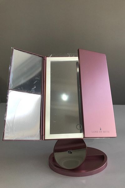 LAND OF MYTH Rose Gold 1X-2X-3X+10X Zoom 37 Strip Led Lighted Makeup Mirror, 3 Panels, Foldable, Touch