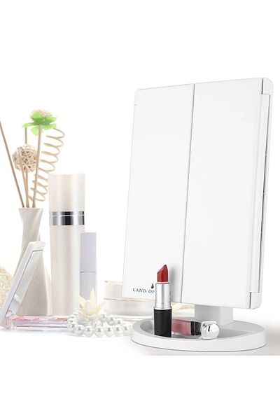 LAND OF MYTH 1X-2X-3X+10X HD ZOOM 37 Strip LED Lighted Makeup Mirror, 3 Panels, Foldable White