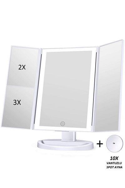 LAND OF MYTH 1X-2X-3X+10X HD ZOOM 37 Strip LED Lighted Makeup Mirror, 3 Panels, Foldable White