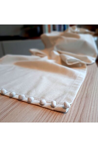 Arasta Design Düz Keten Natural Krem Rengi, Ponpon Şeritli Runner, 40x140 Cm